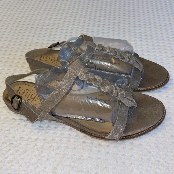 ANTHROPOLOGIE LATIGO Dreamy 8.5 Leather Flat Sandals Neutral Metallic Taupe Gray - Picture 6 of 16